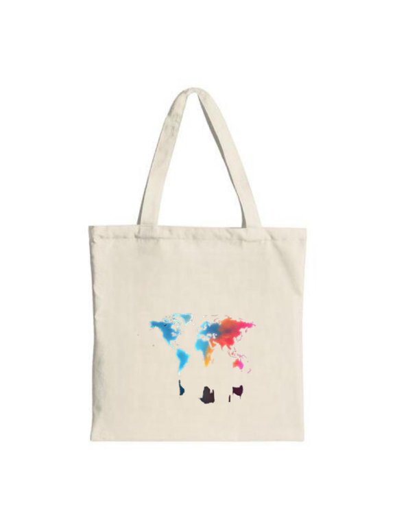 Colorful World Map Tote Bag - Vibrant regions in blue red yellow and orange on durable canvas perfect for shopping travel and parties
