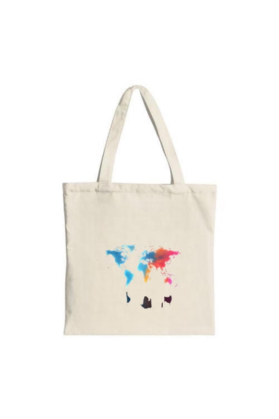 Colorful World Map Tote Bag - Vibrant regions in blue red yellow and orange on durable canvas perfect for shopping travel and parties
