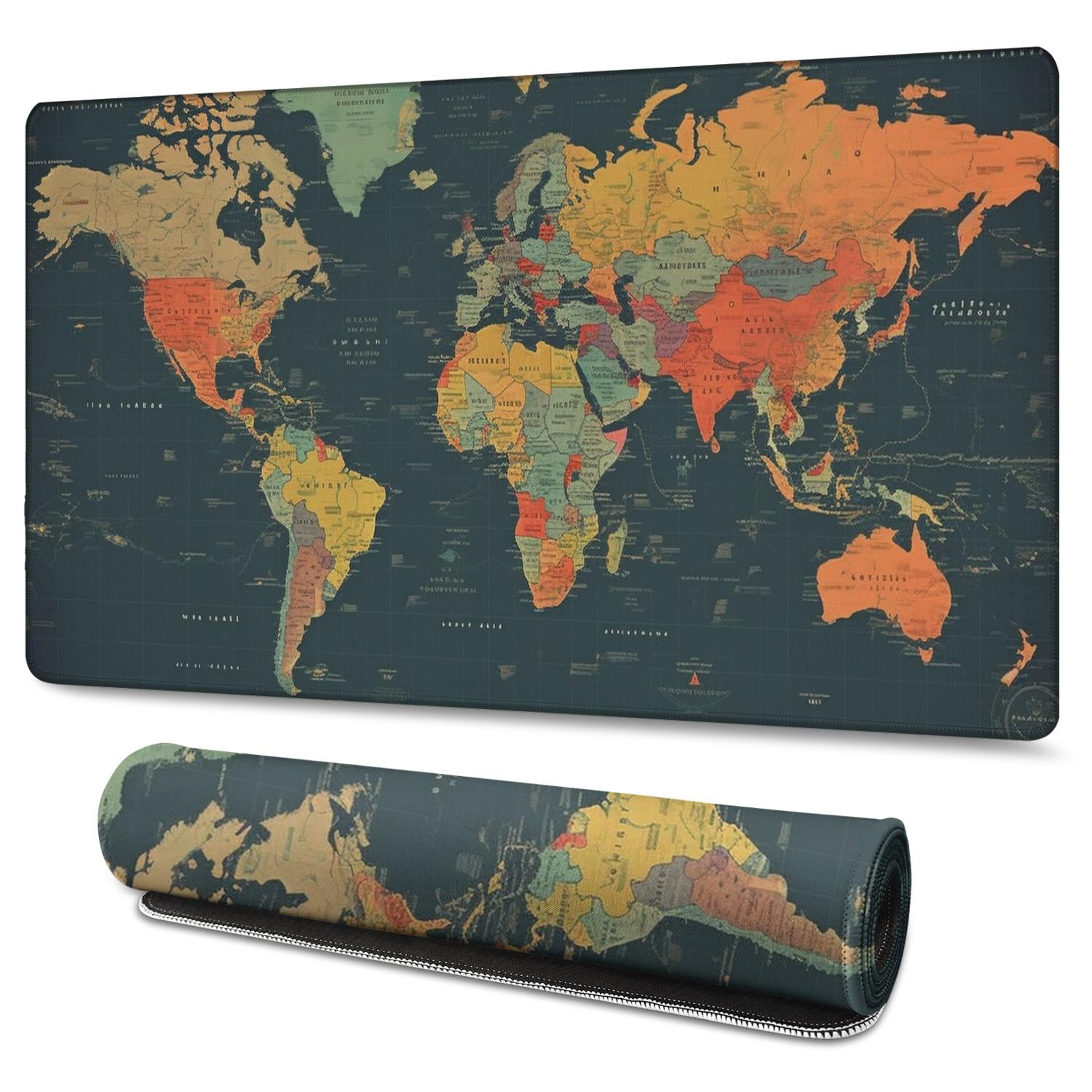 Colorful World Map Vintage Background Gaming Mouse Mat, Rectangle 3XL Extra Large Mouse Pad 47.3 X 23.6 Inches Non-Slip Rubber Gaming Mouse Pad with Stitched Edges, Office Mouse Pad for Women Men Kids
