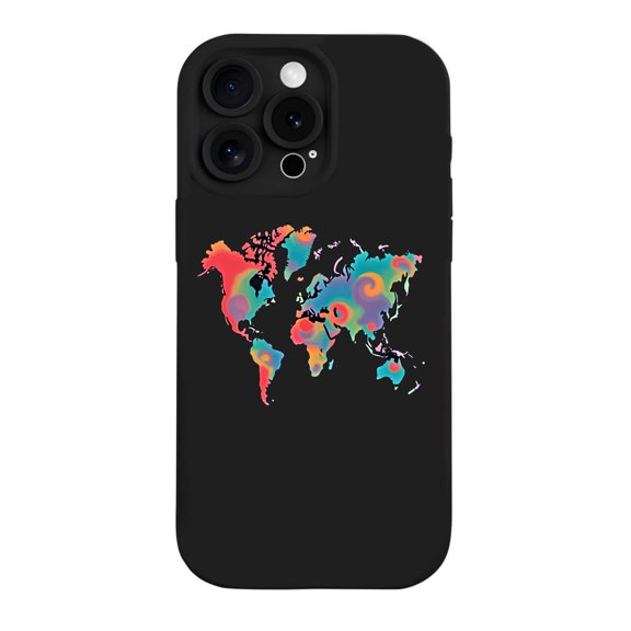 Colorful World Map iPhone 15 Pro Case - Lightweight Yellowing Resistant Modern Artistic Design with Vibrant Continents on Black Background
