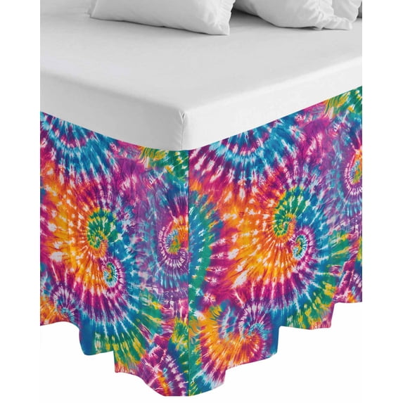 Colorful Wrap Around Bed Skirts for King Bed 18" Drop,Bed Skirt with Adjustable Elastic Belt Dust Ruffle Bed Valance for Bedroom Hotel Luxury Ethnic Modern Abstract Watercolor Tie-Dye Bed Frame Cover