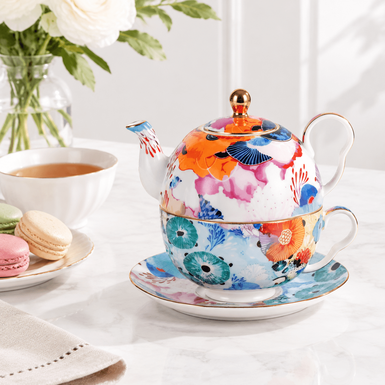 Colorful-XY2 Tea For One Ceramic Serving Set with Teapot, Cup, and ...