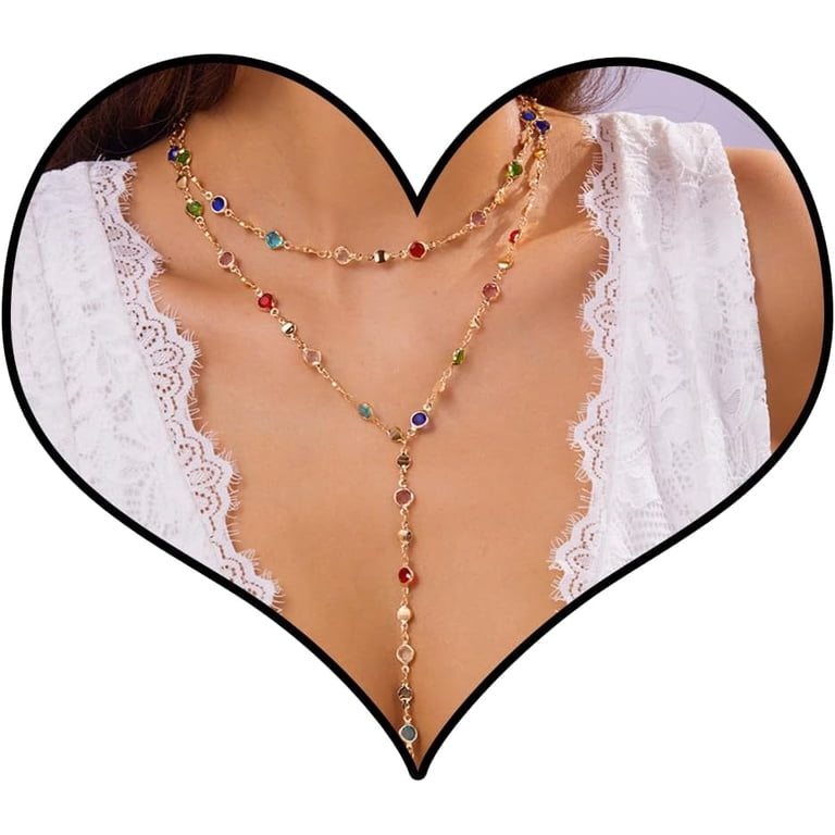 Colorful Y Shaped Necklace for Women Trendy Long Crystal Lariat Necklace Sparkly Gemstone Chest Chain Spring Summer Deep V-Neck Dress Outfits Jewelry Accessories[a2735]