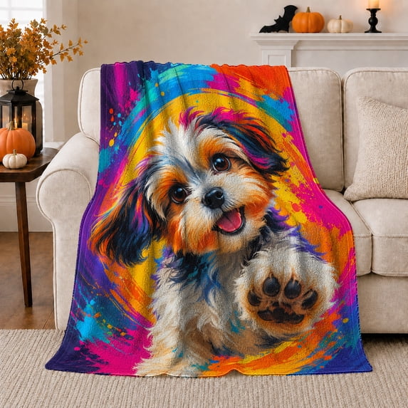 Colorful Yorkshire Terrier Pop Art Dog Portrait, Playful Pet Portrait Pattern, Warm Flannel Blanket for Living Room and Bedroom, Dog Lovers Just Because Gift, Pet Lover Home Decor