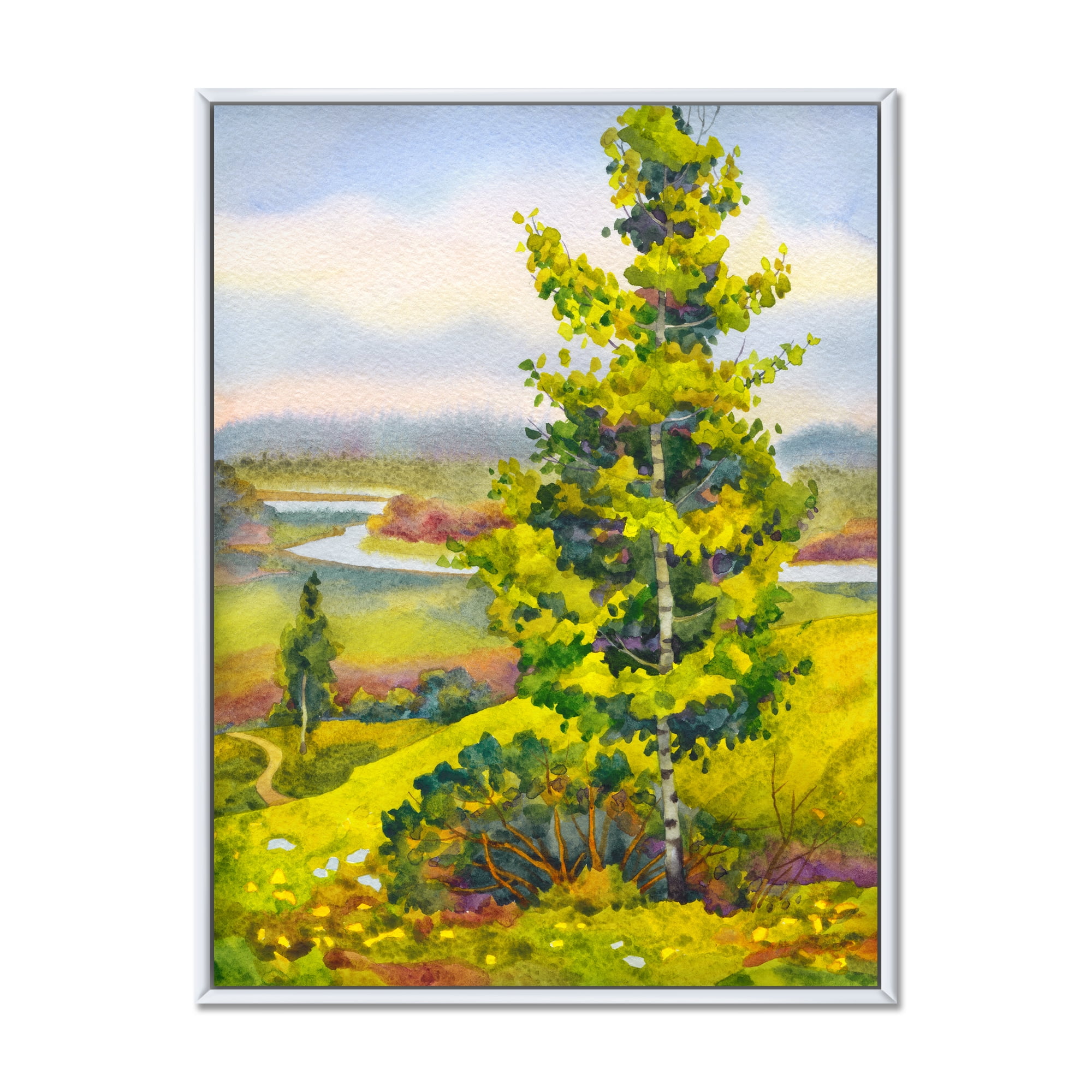 Colorful Young Orange Betulas Along Bank Of Calm Bay 24 in x 32 in Framed Painting Canvas Art Print, by Designart