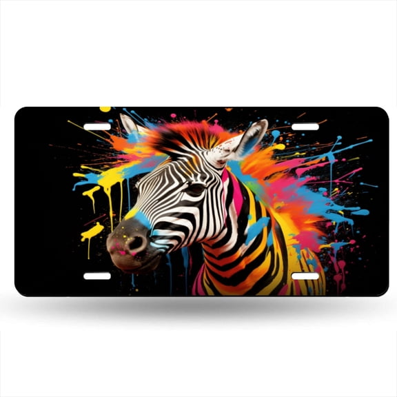 Colorful ZebrWith Paint Splatters On Black Background Decorative Signboard, Decorative Metal Plate with 4 Holes, 6x12inch Artistic Plate Frame
