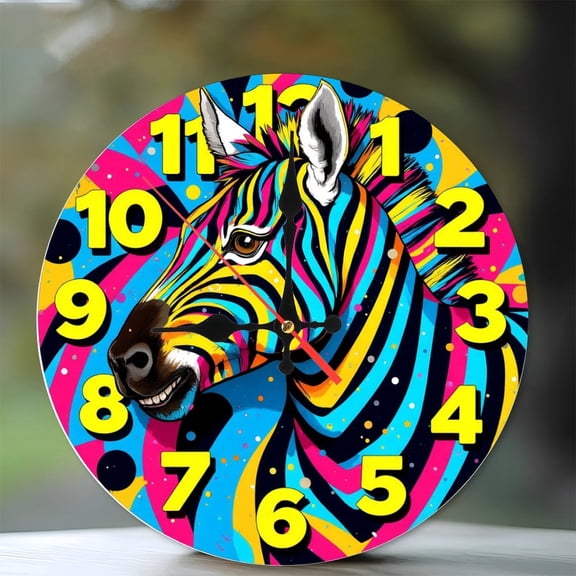 Colorful Zebra Clock 10-Inch Silent Wooden Wall Clock, Battery Operated (AA Batteries Not Included), Artistic Home Decor
