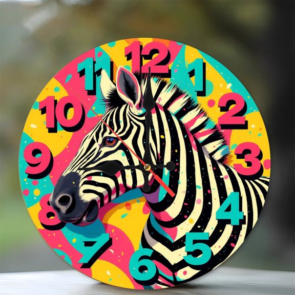 Colorful Zebra Clock 10-Inch Silent Wooden Wall Clock, Battery Operated (AA Batteries Not Included), Artistic Home Decor