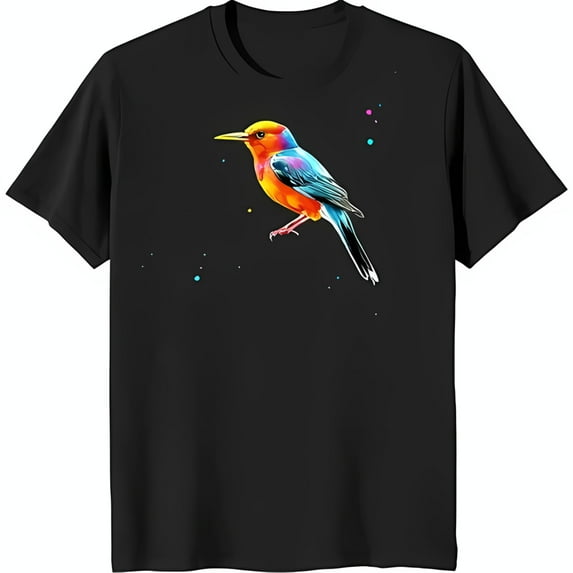 Colorful and Blue Bird Design Black T-Shirt Fabric with White Dots
