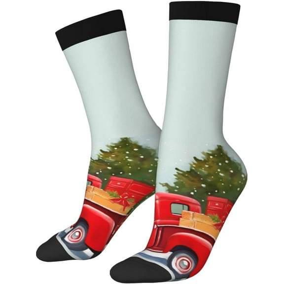 Colorful and Mid-Calf Socks for Men and Women, 1 Pair Red Truck Snowman