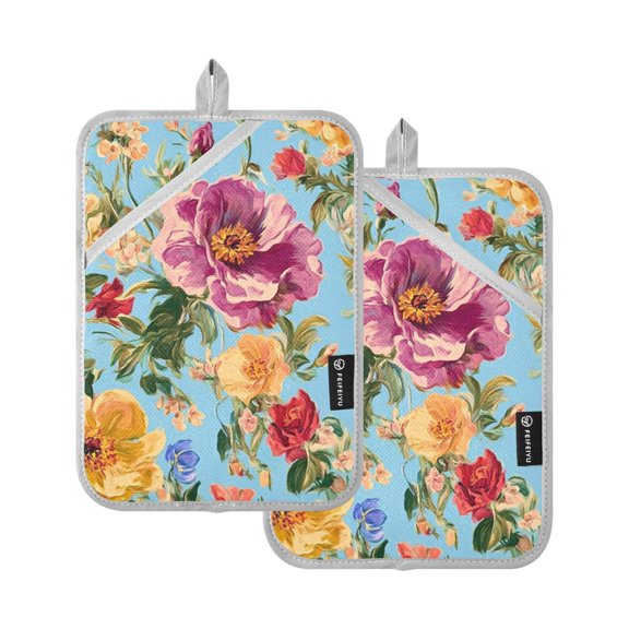 Colorful and Vivid Flowers Oven Mitts Pot Holders 2 pcs Heat Resistant for Kitchen Baking Grilling