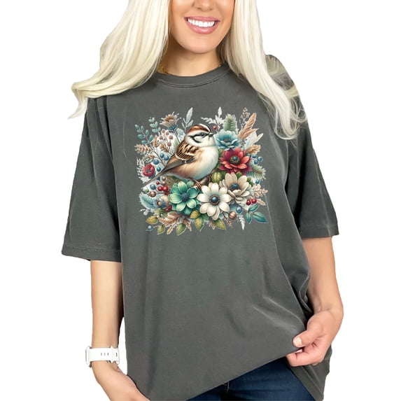 Colorful bird floral graphic tee, Unique bird and flower design shirt, Cute sparrow in floral garden T-shirt, Artistic wildlife print top, Pepper Comfort Colors T-Shirt, Medium