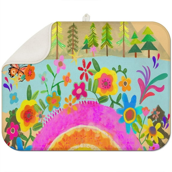 Colorful bohemian dish drying mat 18x24 Inch crafted from microfiber, protects surfaces while drying dishes and cups