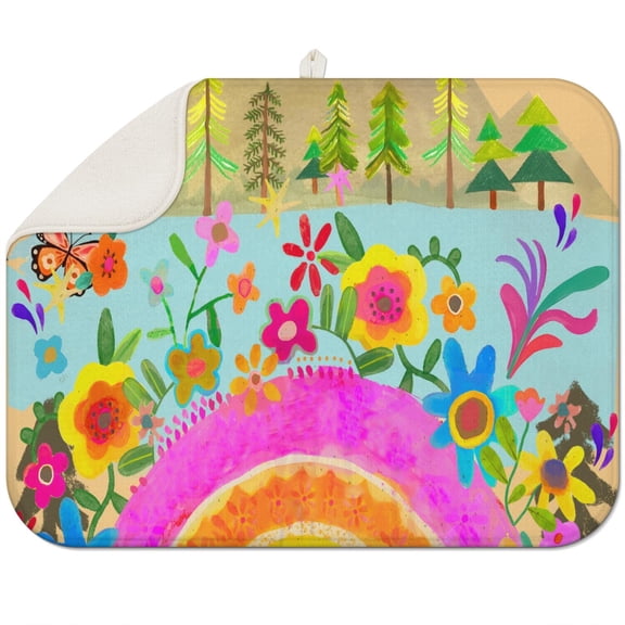 Colorful bohemian dish drying mat 18x24 Inch crafted from microfiber, protects surfaces while drying dishes and cups