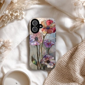 Colorful boho wildflowers stained glass PRINTED Tough Phone Case Spring Summer Poppies iPhone 17 16 15 14 13 Galaxy S26 S25 S24 Pixel 10 9 8