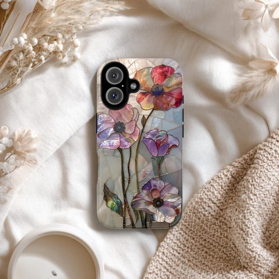 Colorful boho wildflowers stained glass PRINTED Tough Phone Case Spring Summer Poppies iPhone 17 16 15 14 13 Galaxy S26 S25 S24 Pixel 10 9 8