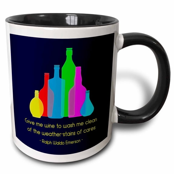 Colorful bottles on dark blue. Emerson quote Give me wine to wash me 15oz Two-Tone Black Mug mug-281311-9