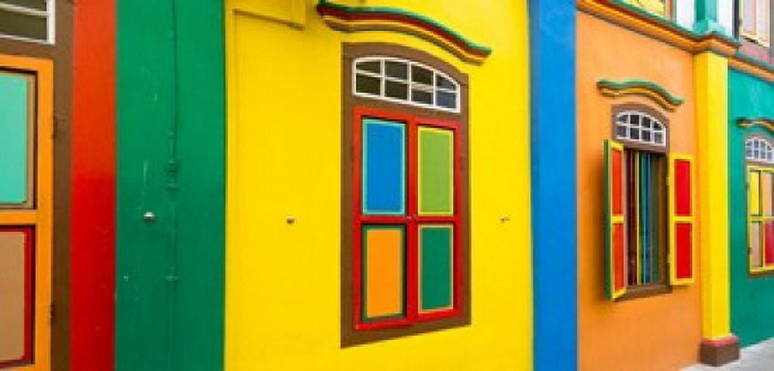 Colorful building in Little India Singapore Canvas Art - Panoramic Images (24 x 12)
