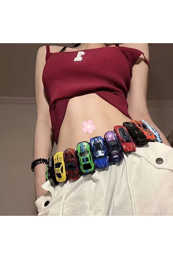 Colorful car-themed belt/strap, dopamine-infused, niche, versatile, skinny jeans, car-shaped waist chain, trendy outfit.