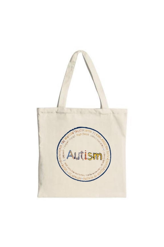 Colorful circular design tote bag featuring the word surrounded by related terms perfect for shopping and travel