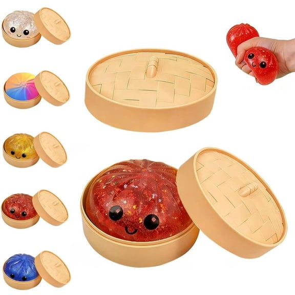Colorful dumpling stress balls with steamer, cute anxiety relief toy, soft squeeze dough for adults.
