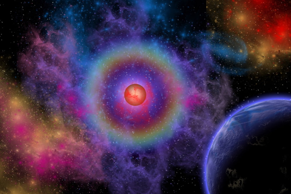 Colorful emissions are released from a distant star Canvas Art - Mark StevensonStocktrek Images (35 x 23)