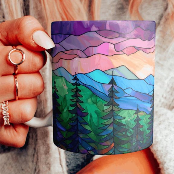 Colorful est Sky Ceramic Mug, Vibrant Sky Coffee Cup, est Sun Teacup, Watercolor Evergreens Ceramic Mug, Choose Your Design.