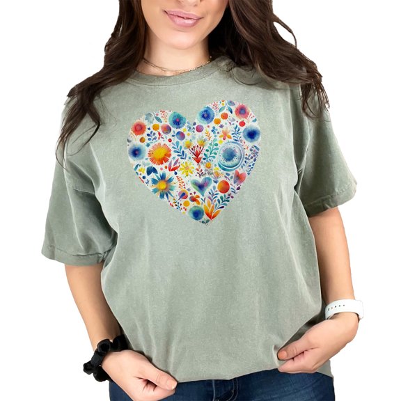 Colorful floral heart t-shirt, vibrant heart graphic tee, flower heart love shirt, artistic heart flowers top, unique gift for her, Moss Comfort Colors T-Shirt, Small