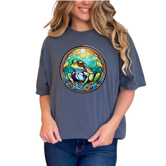 Colorful frog design t-shirt, unique handmade stained glass style frog art shirt, vibrant artistic frog tee, gift for nature lovers, Denim Comfort Colors T-Shirt, Medium