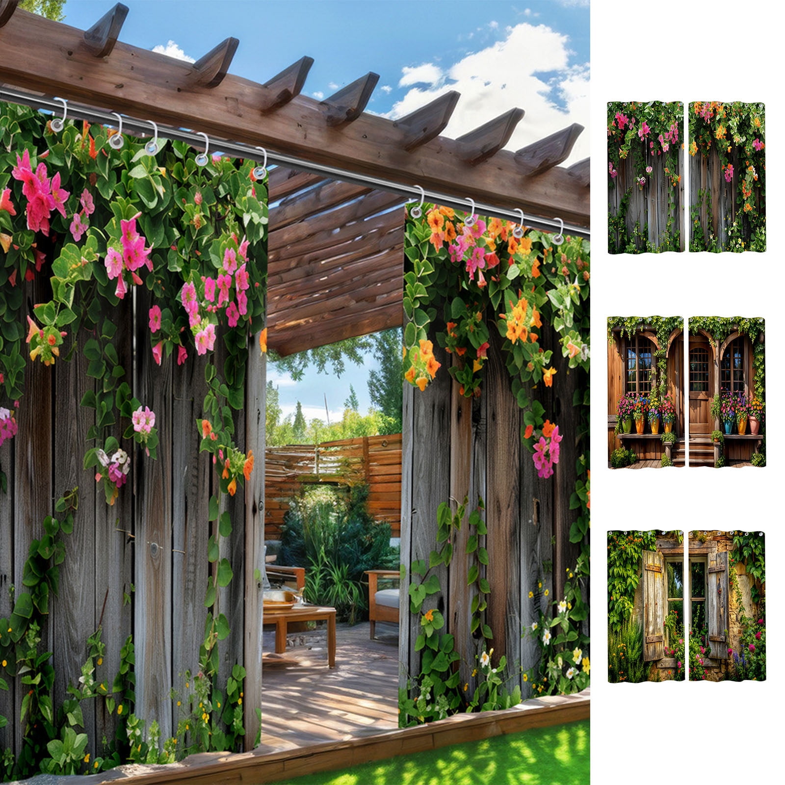 Colorful garden Waterproof Outdoor Curtains for Patio,Blooming Flowers Plants Print,Curtain for Bedroom, Porch, Living Room, Pergola, Cabana,2 Panel, 72x72 inch, Green Multicolor