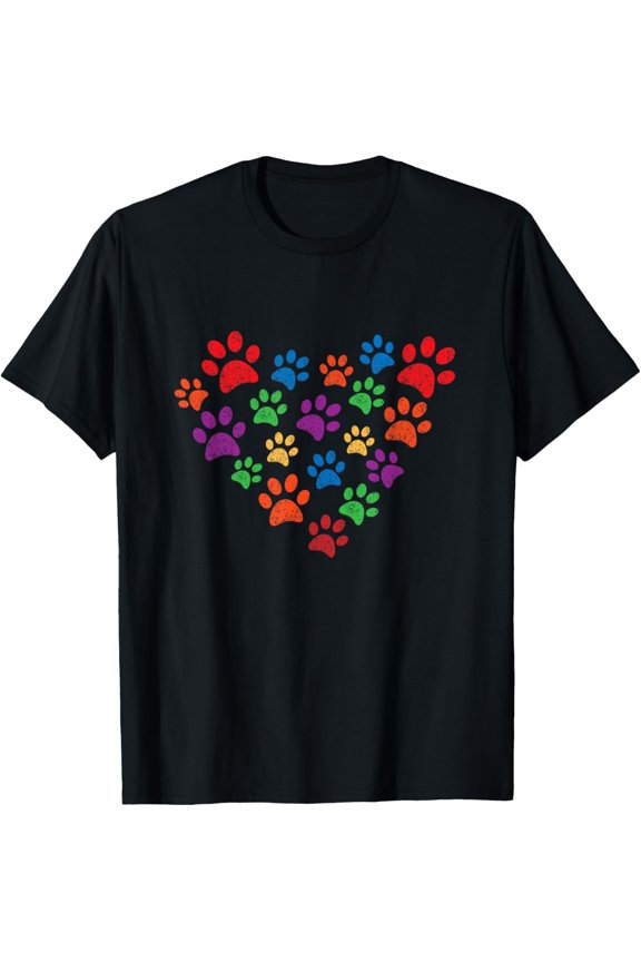 Colorful grunge paw prints in heart shape for cat or dog T-Shirt