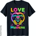 Colorful in Headphones Inside Rainbow Heart Black TShirt Love Music