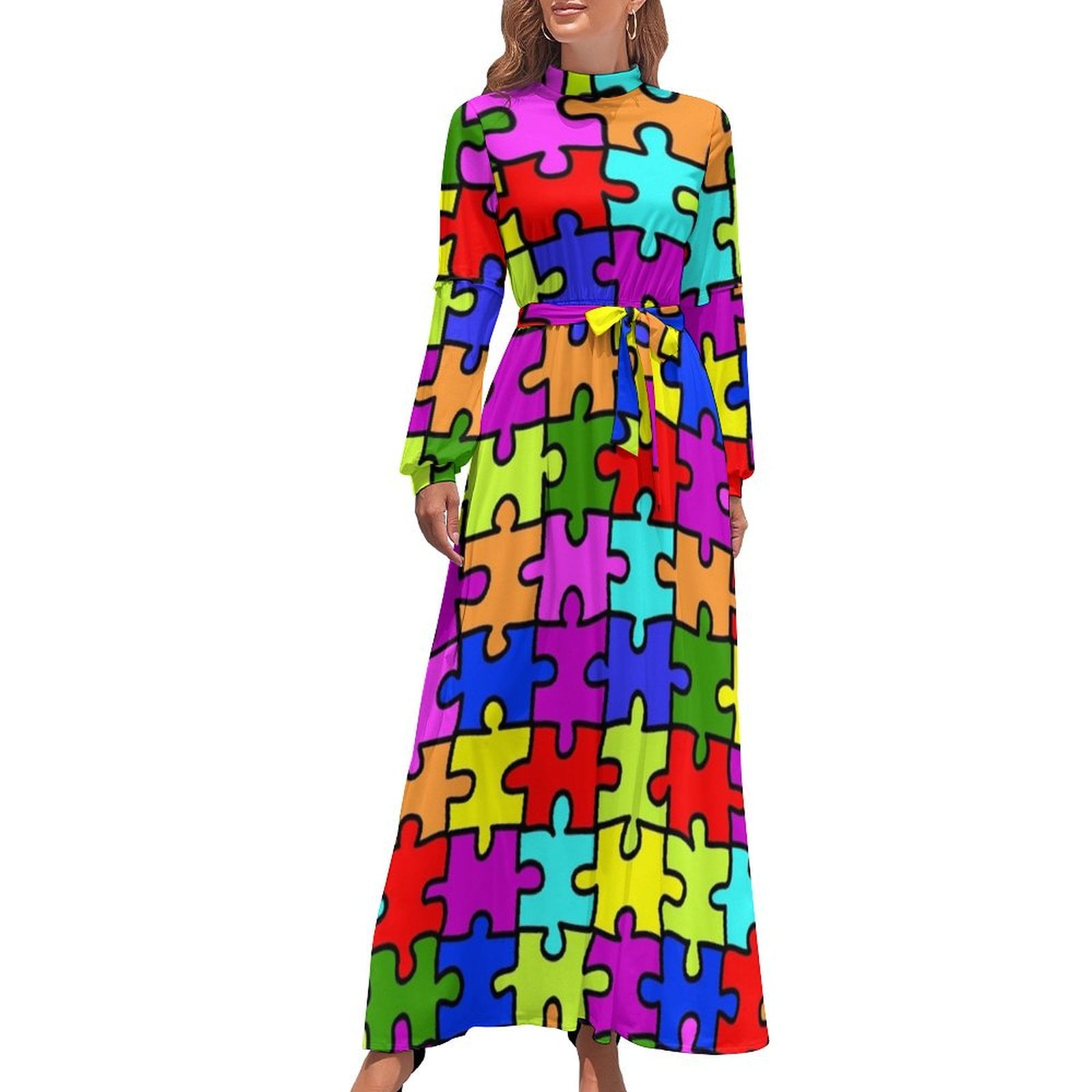 Colorful jigsaw puzzle pattern autism awareness Long Dress women party dresses evening dresses ladies