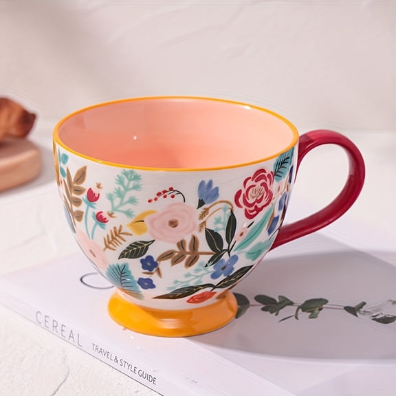 Colorful, large-capacity, hand-painted floral ceramic mug | Reusable coffee cup with handle, also suitable as a bowl for breakfast milk and yogurt.  An ideal gift for family and a must-have accessory