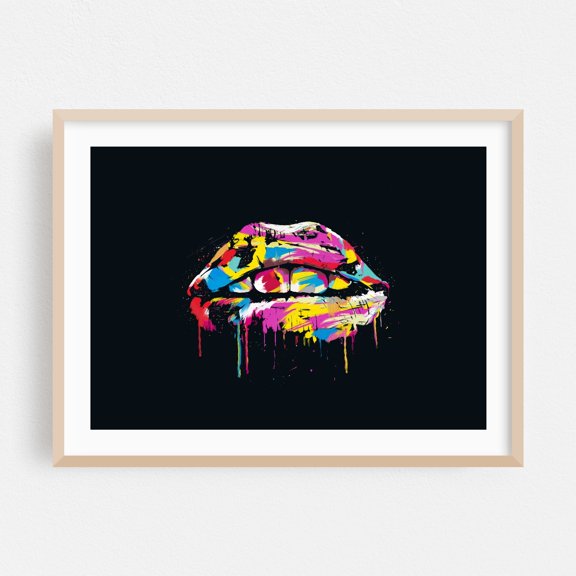 Colorful lips - Painting Pop Art Modern Art Psychedelic Abstract Graffiti Surrealism Oak Framed Wall Art Print 5 x 7 inches