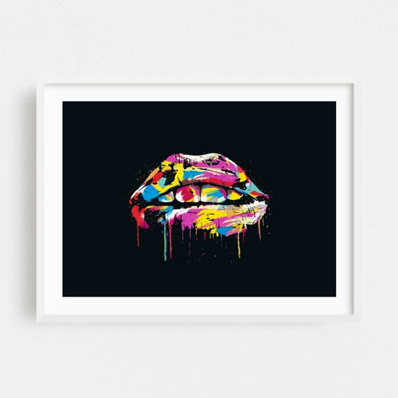 Colorful lips - Painting Pop Art Modern Art Psychedelic Abstract Graffiti Surrealism White Framed Wall Art Print 20 x 30 inches