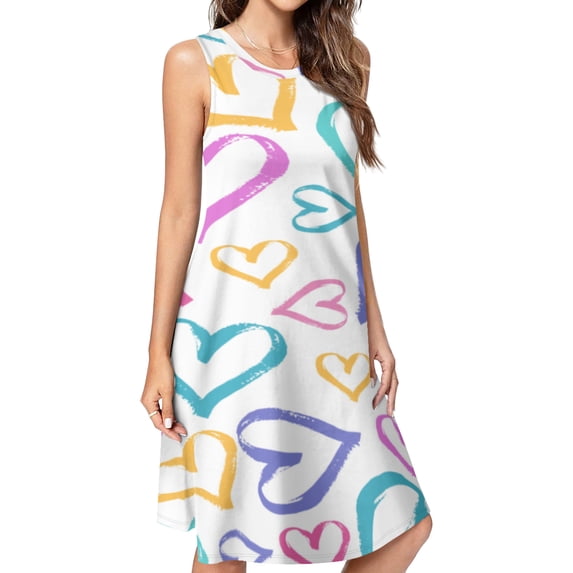 Colorful love heart pattern Spring Summer Dresses for Women Fashion T-shirt Dress Casual Sleeveless Loose Sundress with Pockets