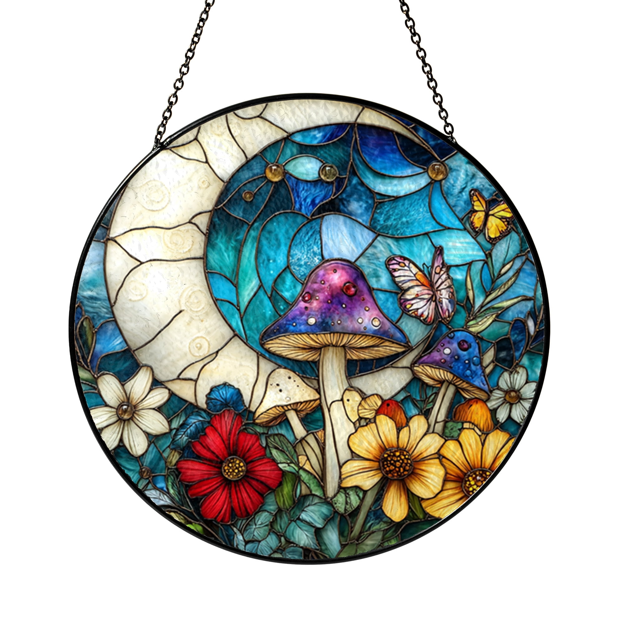 Colorful mushroom stained glass window hanging with floral details ...
