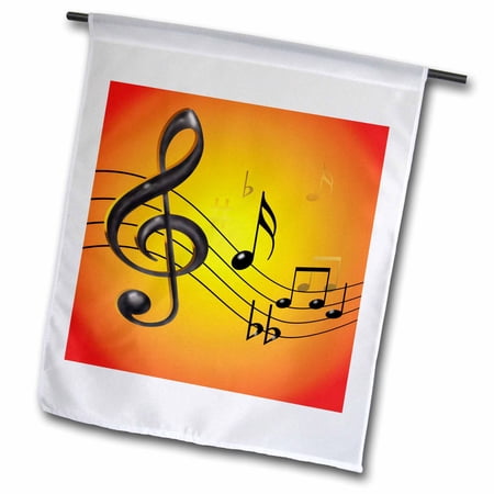 3dRose, Colorful musical abstract with 3D musical notes in black and gold on a bright yellow orange gradient, 12 x 18 inch Garden Flag