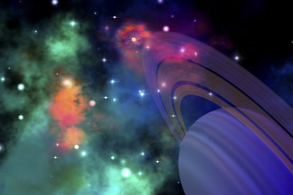 Colorful nebula near a ringed planet Canvas Art - Corey FordStocktrek Images (18 x 12)