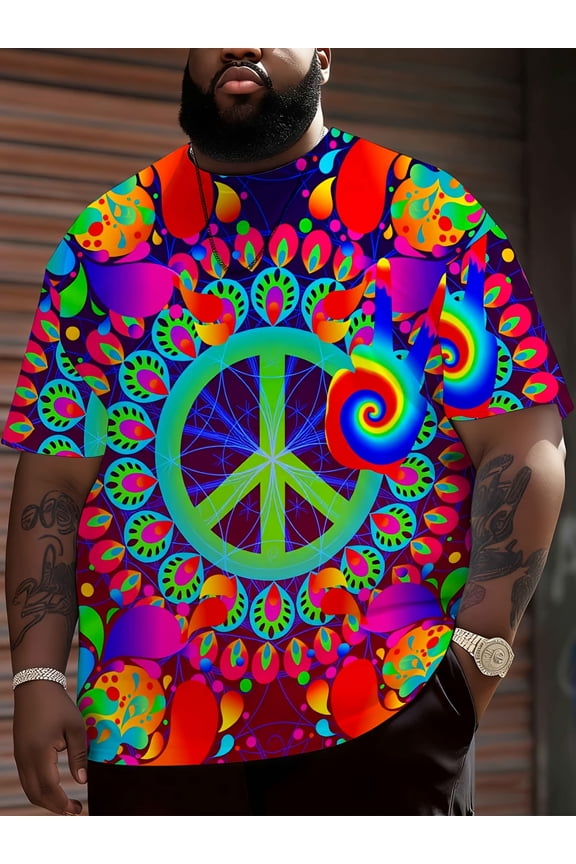 Colorful peace logo psychedelic pattern T-shirt, men's plus size printed hippie style casual top, bright rainbow design street trend fashion, plus size