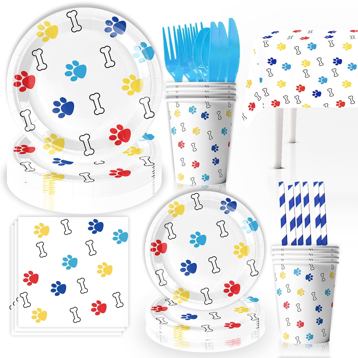 Colorful puppy paw print party decorations, birthday party supplies, disposable tableware sets