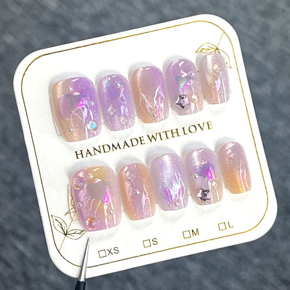 Colorful purple cat eye wearing armor ocean mermaid bubble beads advanced sense fake nails stars Yiwu nail art