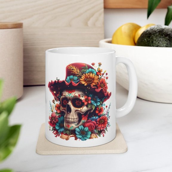 Colorful r Skull Ceramic Mug, Floral Hat Design, Unique Coffee Cup Day of the Dead.jpg