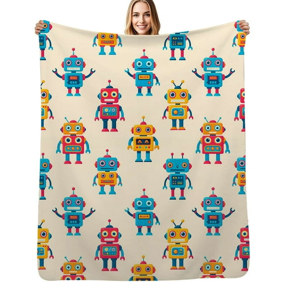 Colorful retro robot pattern Flannel Blanket Warm Soft Bedding Throws Winter Camping Chair Sofa Bed