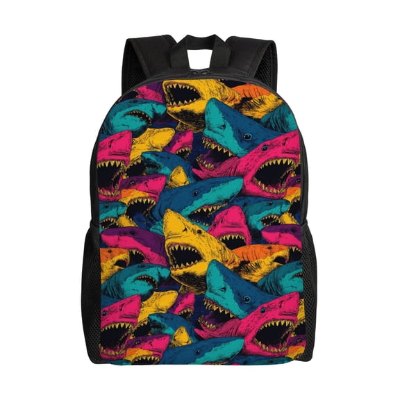 Colorful shark illustration Backpack with 15 Inch Laptop Compartment,Water-Resistant Daypack, Large Capacity Backpack with Adjustable Breathable Shoulder Straps for Daily Use Travel Gym