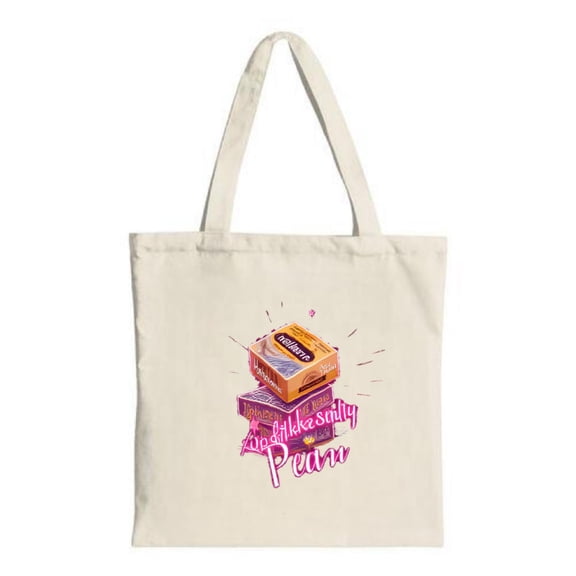 Colorful stack of boxes tote bag featuring on top and ' Oatly ' below with stylish text ' And I like Pruin ' Perfect for shopping