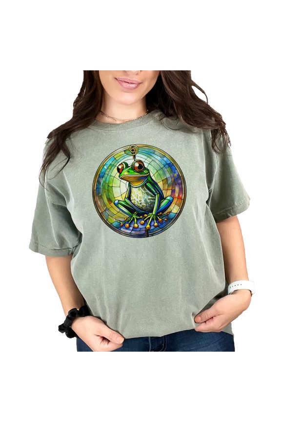 Colorful stained glass frog art, vibrant frog t-shirt, nature inspired clothing, artistic frog design tee, unique gift for frog lovers, Moss Comfort Colors T-Shirt, Large
