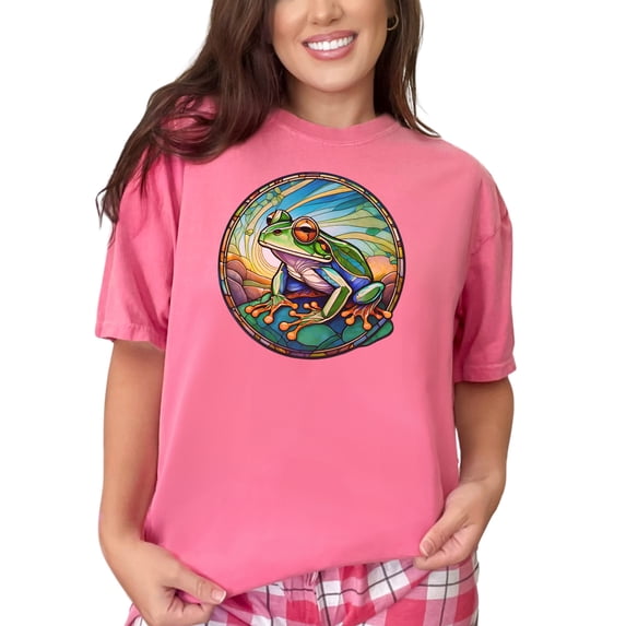 Colorful stained glass frog design shirt, unique frog art tee, bright graphic frog t-shirt, colorful nature-inspired shirt, frog lovers tee, Crunchberry Comfort Colors T-Shirt, XL
