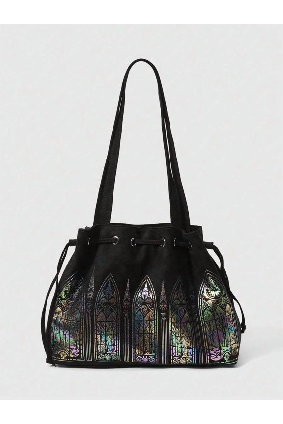 Colorful stained windows Black Suede Drawstring Bucket Bag With Iridescent